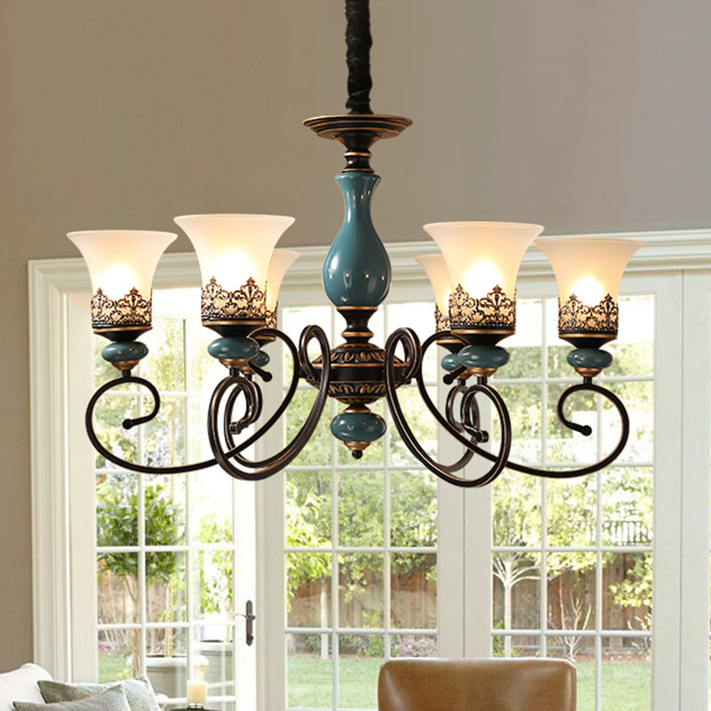 Rustic Style Bell Shade Hanging Pendant Light Milky Glass 3/5/6-Head Chandelier Lighting in Blue