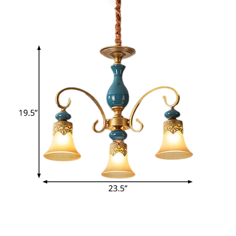 3/5/6-Bulb Suspension Pendant Light Countryside Swooping Arm Metal Chandelier in Brass with Bell Milk Glass Shade