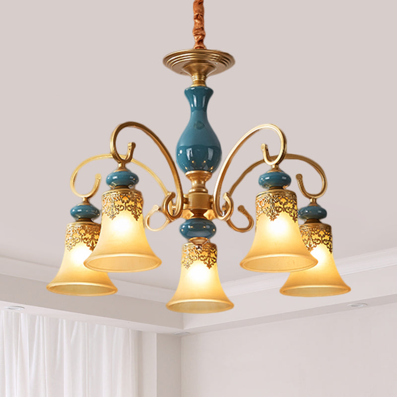 3/5/6-Bulb Suspension Pendant Light Countryside Swooping Arm Metal Chandelier in Brass with Bell Milk Glass Shade