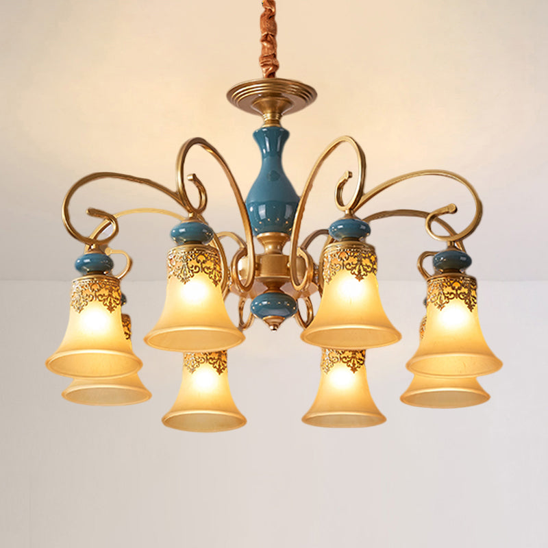 3/5/6-Bulb Suspension Pendant Light Countryside Swooping Arm Metal Chandelier in Brass with Bell Milk Glass Shade
