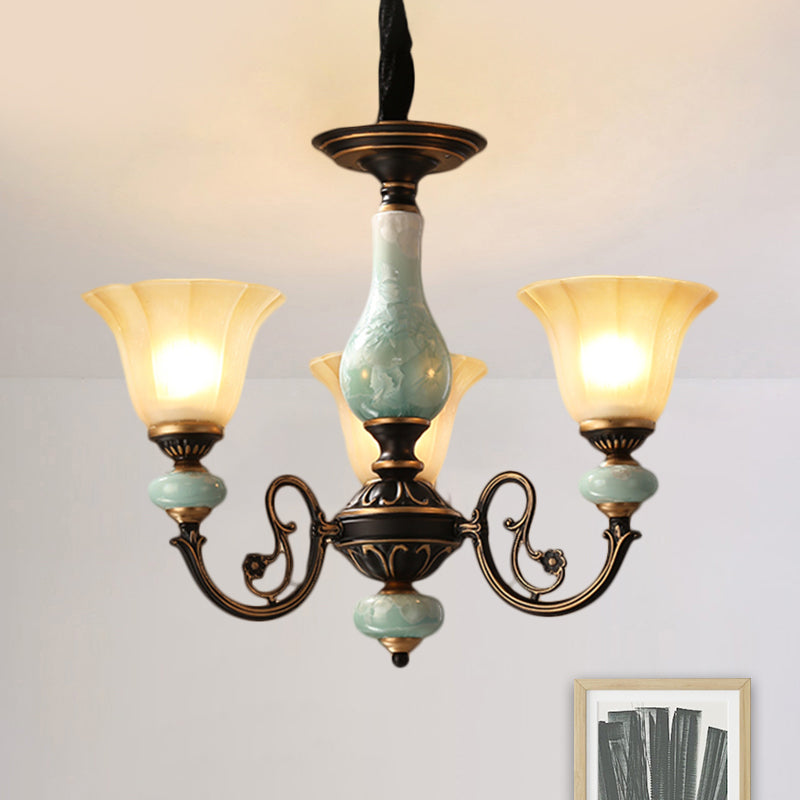 Black-Gold Curvy Armed Pendant Chandelier Style Rural Metallic 3/5/6 Lights Livrer le plafond Light With Blossom Shade