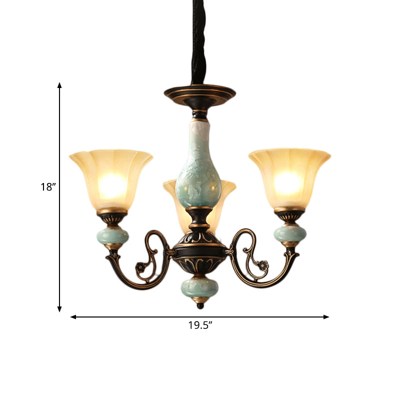 Black-Gold Curvy Armed Pendant Chandelier Style Rural Metallic 3/5/6 Lights Livrer le plafond Light With Blossom Shade