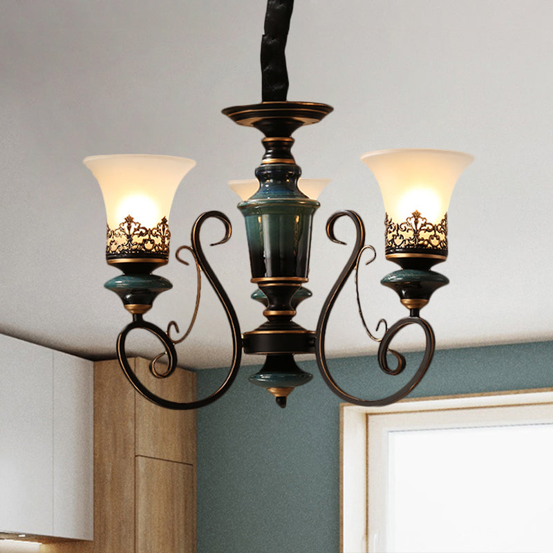 3/5/6-Bulb Chandelier Light Fixture with Bell Shade Opal Glass Rural Guest Room Suspension Pendant in Black-Gold