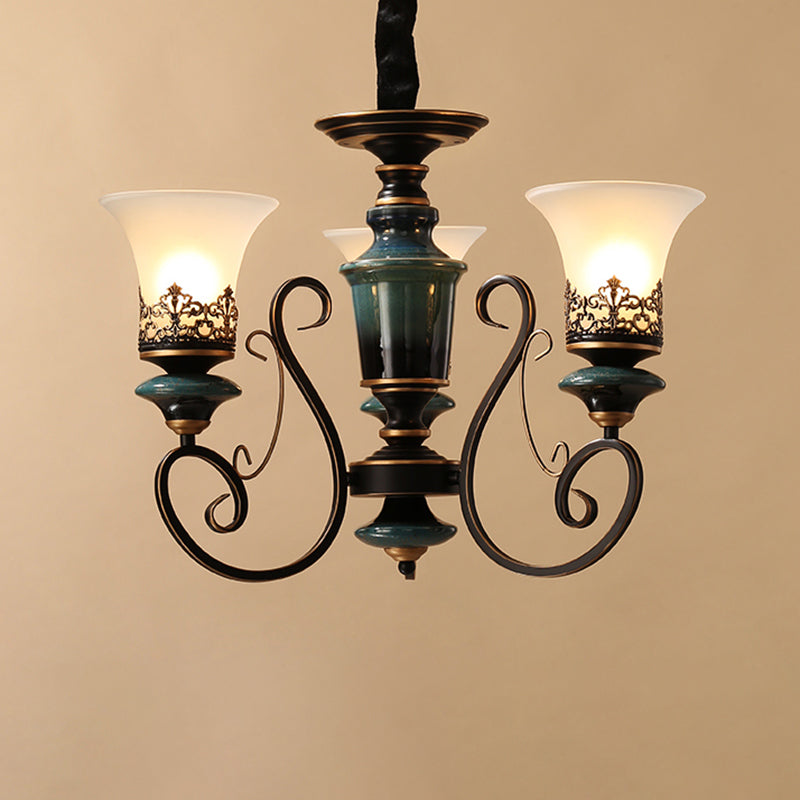 3/5/6-Bulb Chandelier Light Fixture with Bell Shade Opal Glass Rural Guest Room Suspension Pendant in Black-Gold