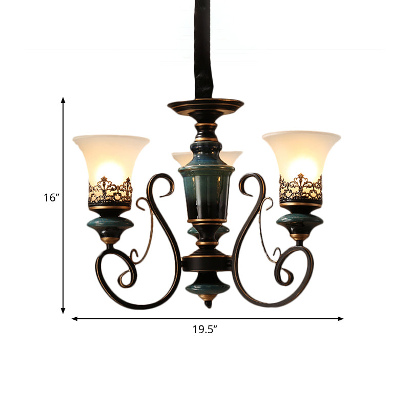 3/5/6-Bulb Chandelier Light Fixture with Bell Shade Opal Glass Rural Guest Room Suspension Pendant in Black-Gold