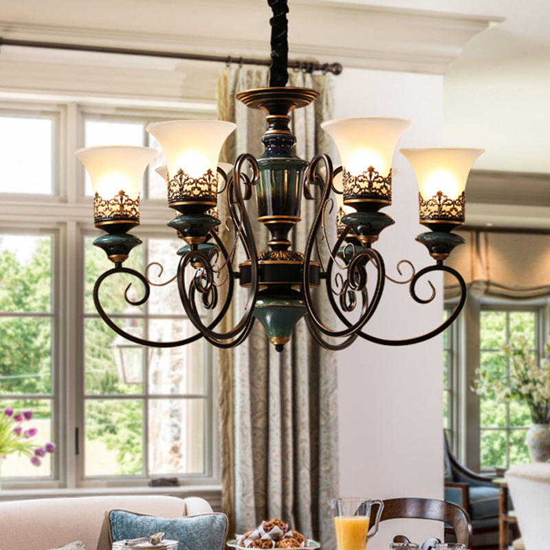 3/5/6-Bulb Chandelier Light Fixture with Bell Shade Opal Glass Rural Guest Room Suspension Pendant in Black-Gold