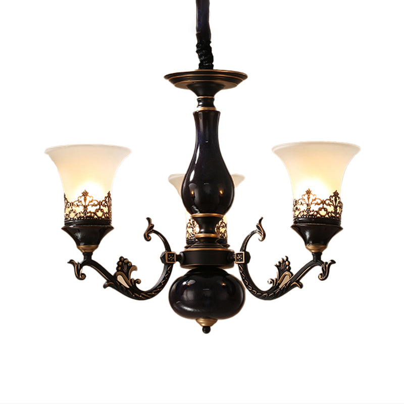 Black Bell Shaped Ceiling Suspension Lamp Countryside Frosted Glass 3/5/6 Heads Living Room Chandelier Lighting