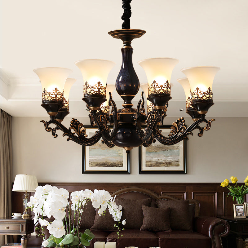 Black Bell Shaped Ceiling Suspension Lamp Countryside Frosted Glass 3/5/6 Heads Living Room Chandelier Lighting