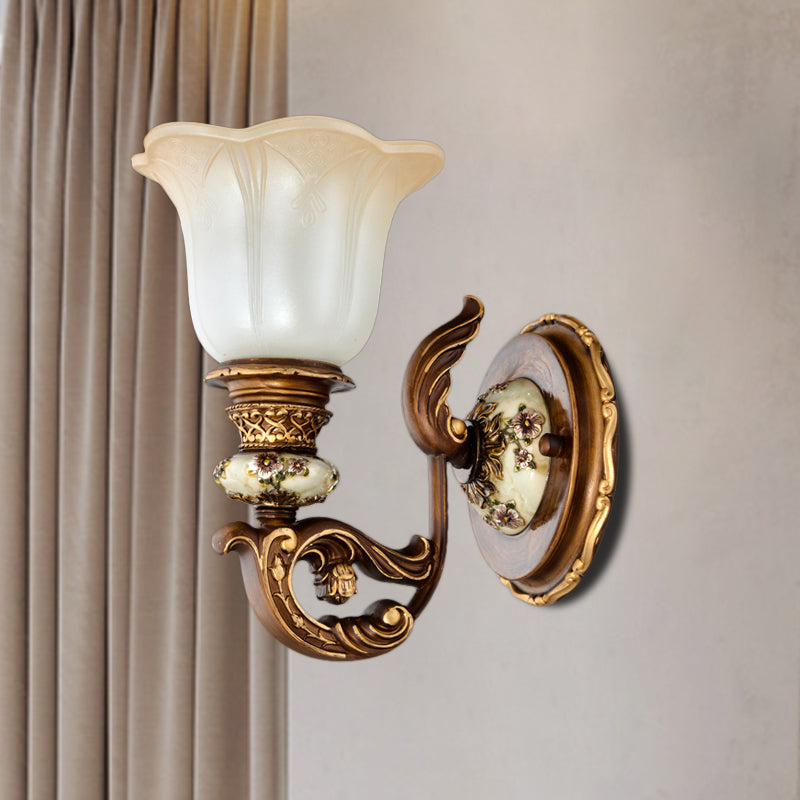 1/2-Light Wall Sconce with Floral Shade Cream Glass Traditional Bedroom Wall Mounted Lamp in Brown