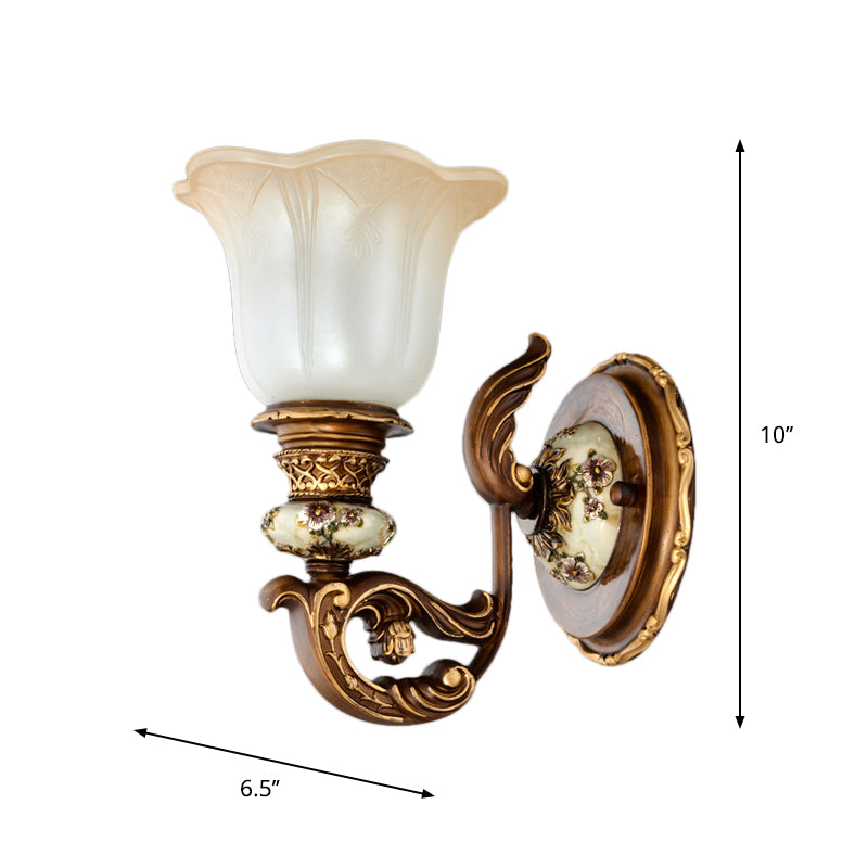 1/2-Light Wall Sconce with Floral Shade Cream Glass Traditional Bedroom Wall Mounted Lamp in Brown