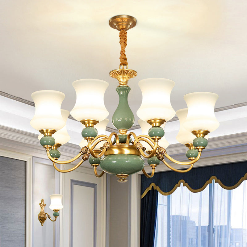 6/8 bollen metalen kroonluchter licht vintage gouden duwarm kleinkaster plafond suspensie lamp met opaalglas schaduw