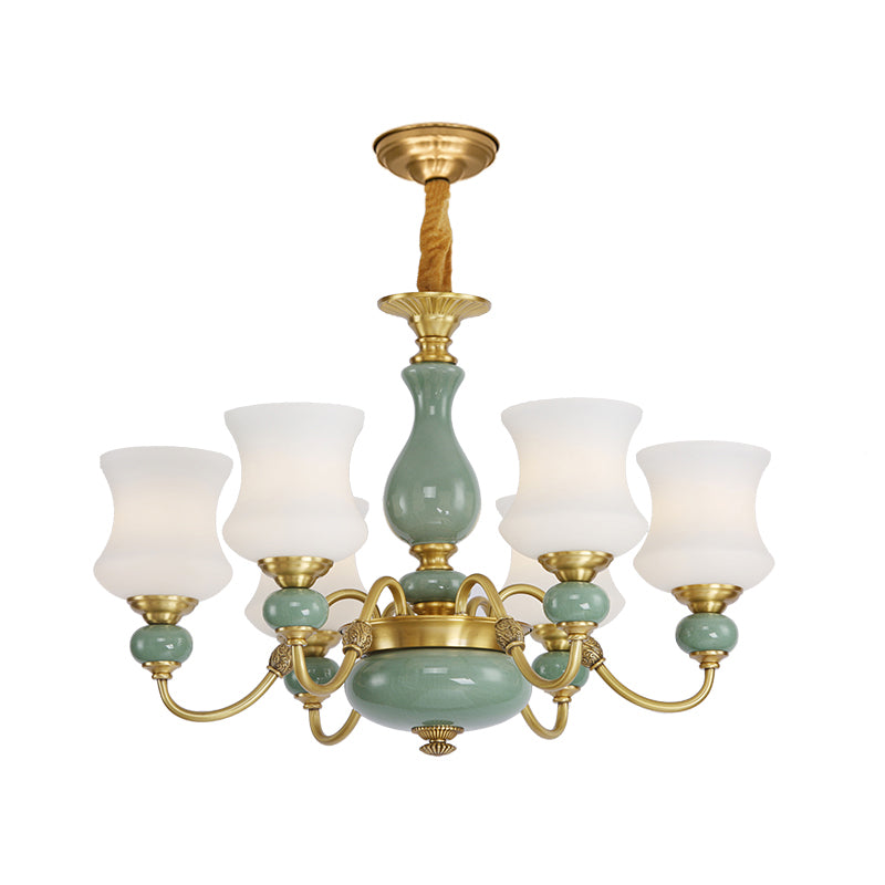 6/8 bollen metalen kroonluchter licht vintage gouden duwarm kleinkaster plafond suspensie lamp met opaalglas schaduw