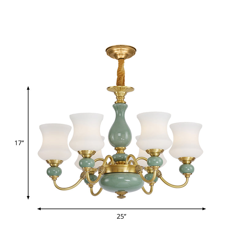 6/8 bollen metalen kroonluchter licht vintage gouden duwarm kleinkaster plafond suspensie lamp met opaalglas schaduw