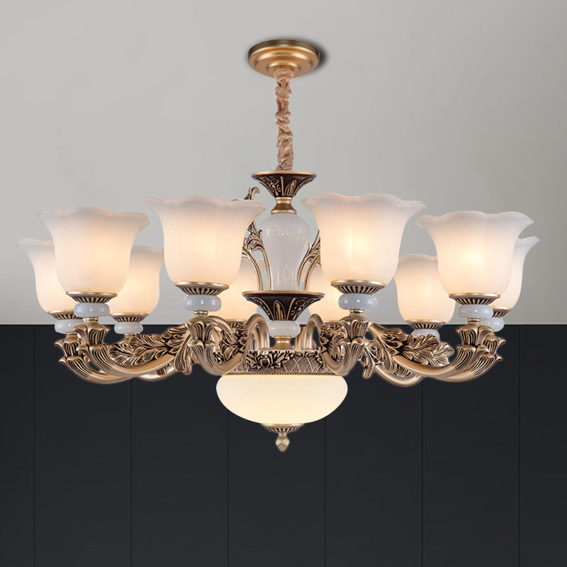 Metallic Gold Hanging Chandelier Swooping Arm 6/8/10 Heads Antiqued Style Ceiling Pendant with Floral Shade