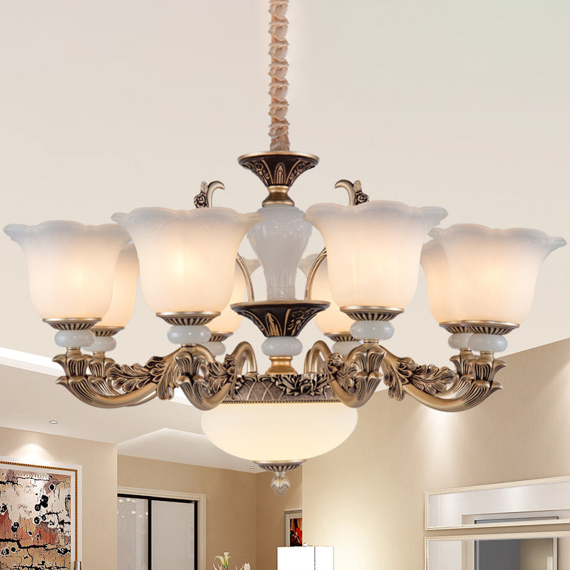 Metallic Gold Hanging Chandelier Swooping Arm 6/8/10 Heads Antiqued Style Ceiling Pendant with Floral Shade
