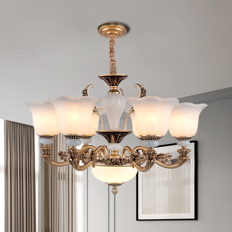 Metallic Gold Hanging Chandelier Swooping Arm 6/8/10 Heads Antiqued Style Ceiling Pendant with Floral Shade