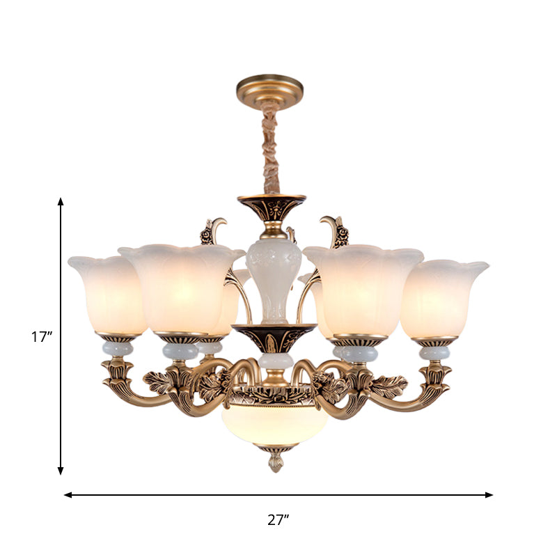 Metallic Gold Hanging Chandelier Swooping Arm 6/8/10 Heads Antiqued Style Ceiling Pendant with Floral Shade