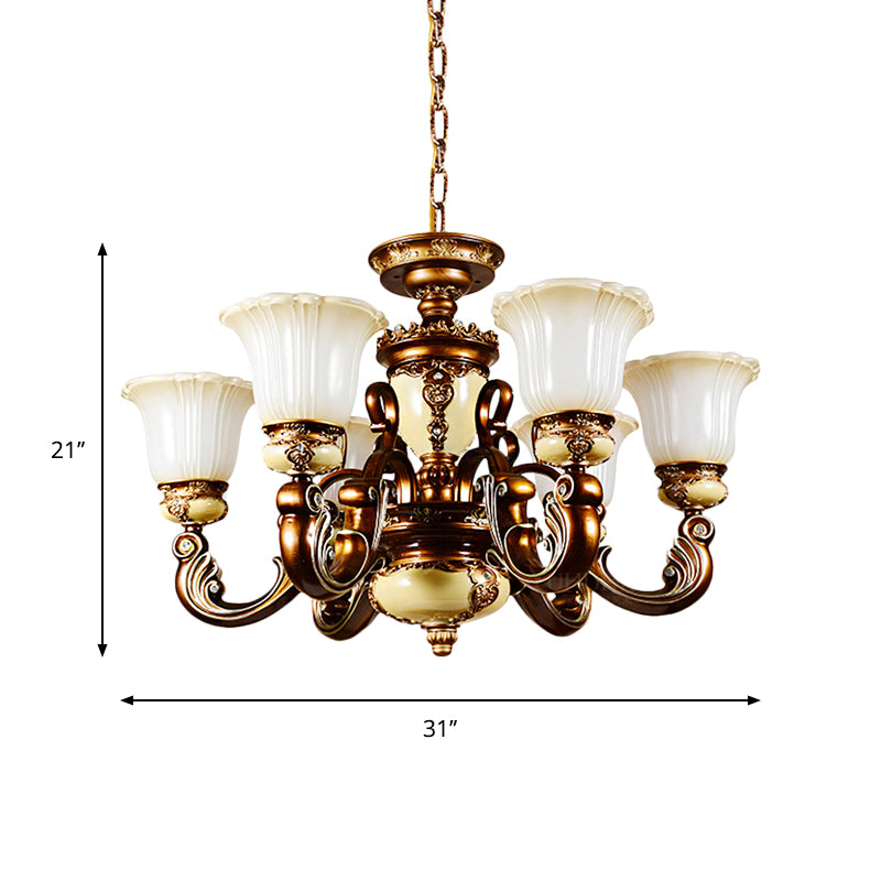 Curvy Arm Living Room Suspension Lighting Antiqued Metallic 6/8 Heads Brown Pendant Chandelier