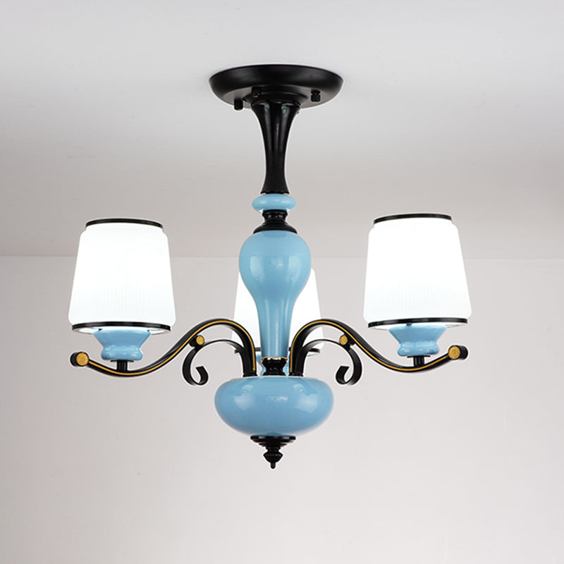 Milky Glass Empire Shade Suspension Pendant Light Countryside Style 3/6/8-Head Living Room Chandelier Light in Blue