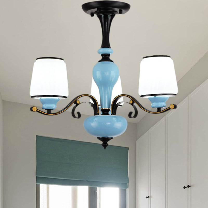Milky Glass Empire Shade Suspension Pendant Light Countryside Style 3/6/8-Head Living Room Chandelier Light in Blue