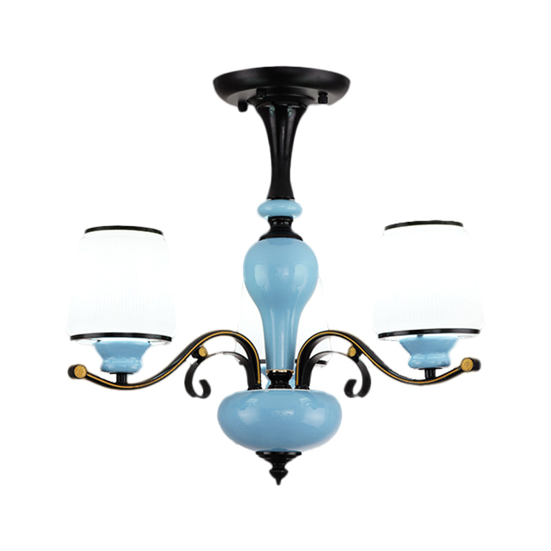 Milky Glass Empire Shade Suspension Pendant Light Countryside Style 3/6/8-Head Living Room Chandelier Light in Blue