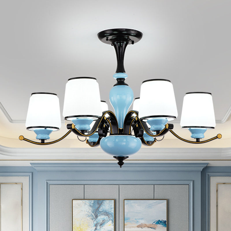 Milky Glass Empire Shade Suspension Pendant Light Countryside Style 3/6/8-Head Living Room Chandelier Light in Blue