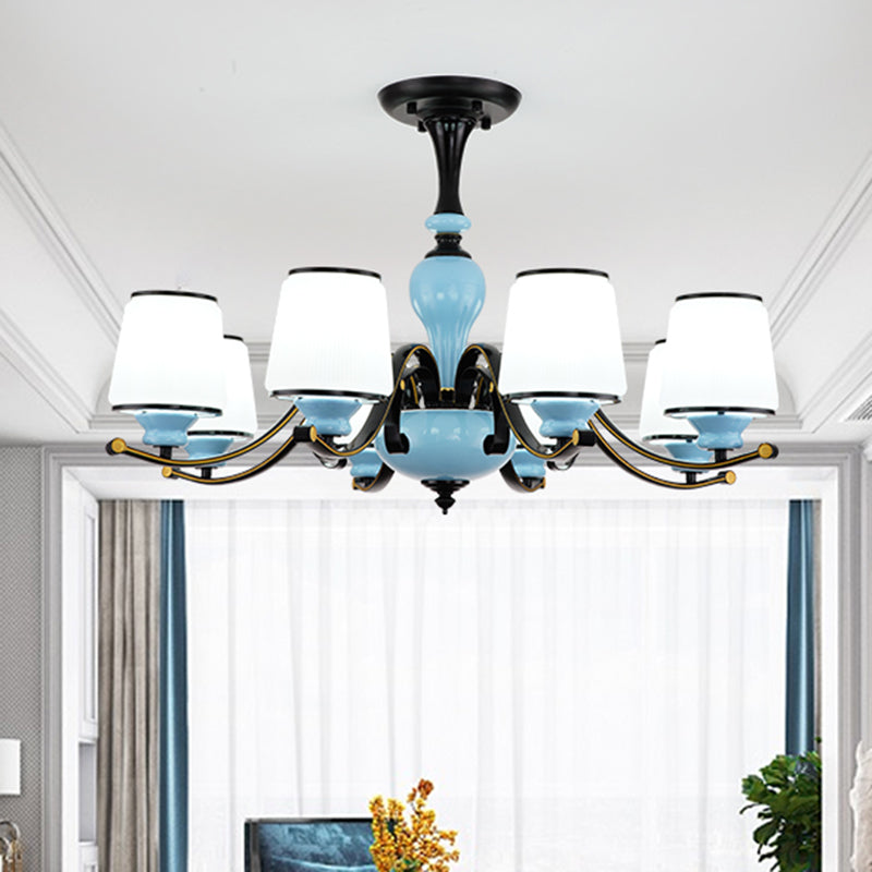 Milky Glass Empire Shade Suspension Pendant Light Countryside Style 3/6/8-Head Living Room Chandelier Light in Blue