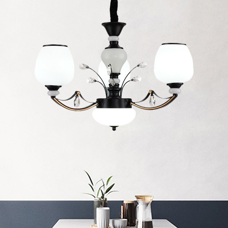 Black 3/6/8-Head Ceiling Chandelier Countryside Style Cream Glass Barrel Shade Suspension Pendant Light