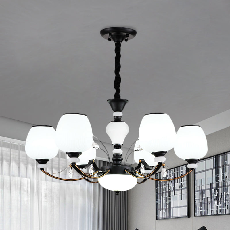 Black 3/6/8-Head Ceiling Chandelier Countryside Style Cream Glass Barrel Shade Suspension Pendant Light