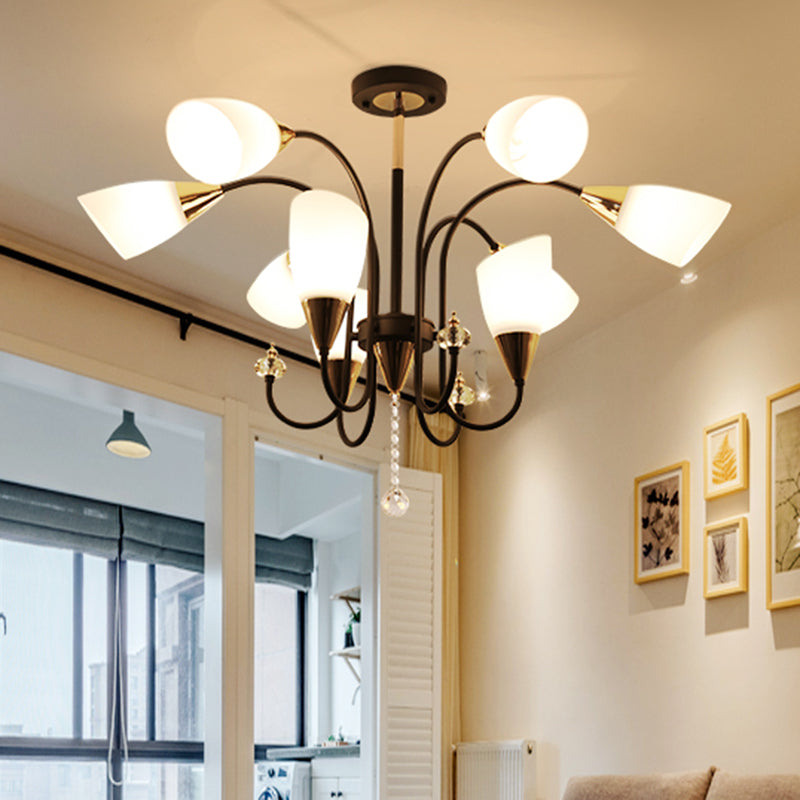 Black 6/9/12 Heads Hanging Chandelier Traditional Style Frosted Glass Empire Shade Ceiling Suspension Lamp