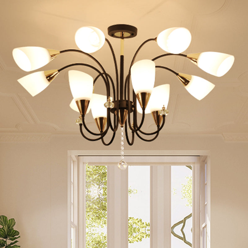Black 6/9/12 Heads Hanging Chandelier Traditional Style Frosted Glass Empire Shade Ceiling Suspension Lamp