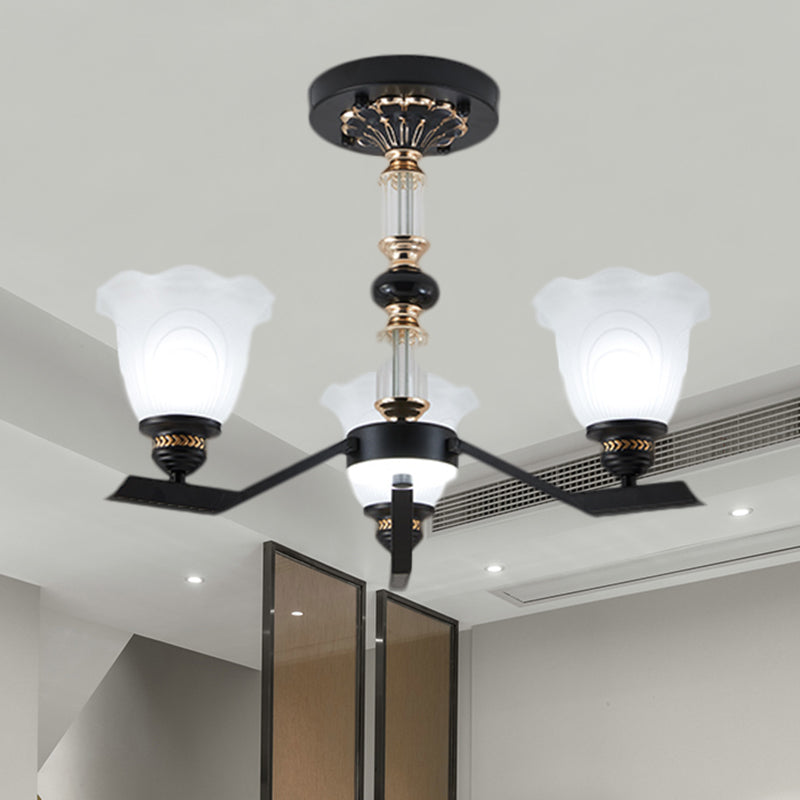 Frosted Glass Black Chandelier Lighting Floral Shade 3/6/8-Head Rural Style Hanging Pendant Light