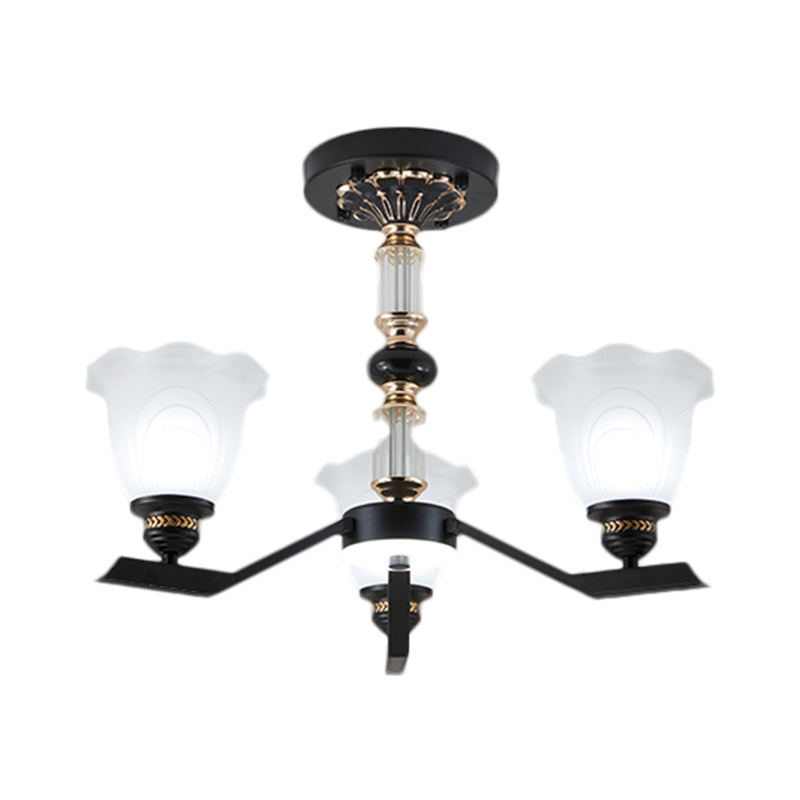 Frosted Glass Black Chandelier Lighting Floral Shade 3/6/8-Head Rural Style Hanging Pendant Light