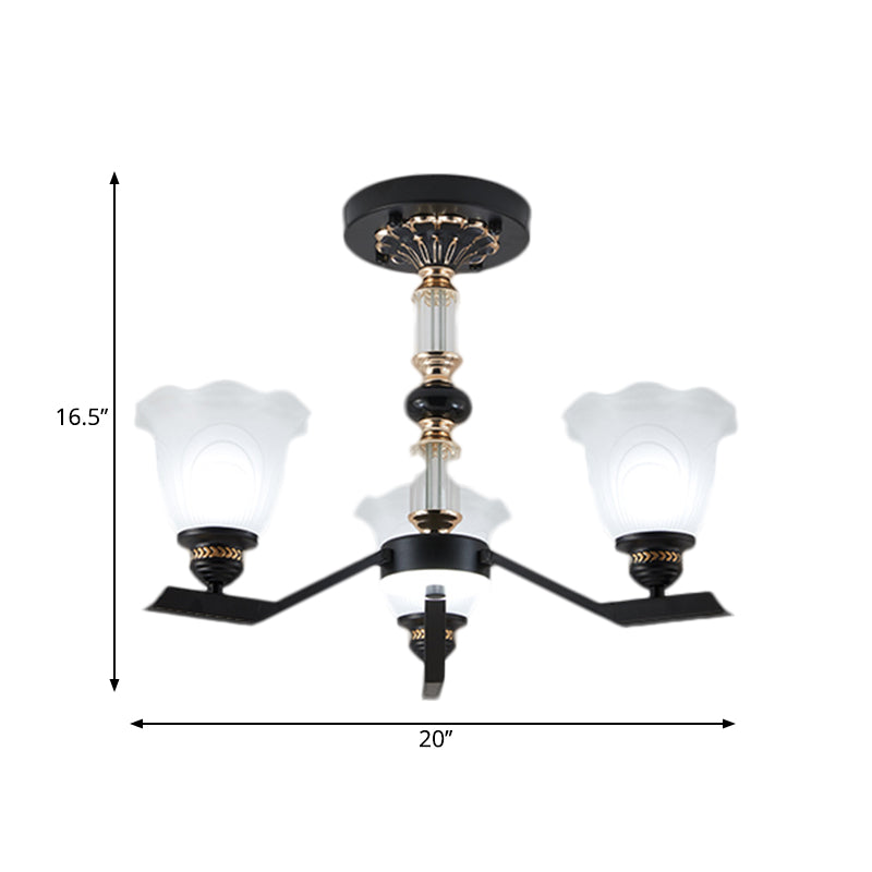 Frosted Glass Black Chandelier Lighting Floral Shade 3/6/8-Head Rural Style Hanging Pendant Light