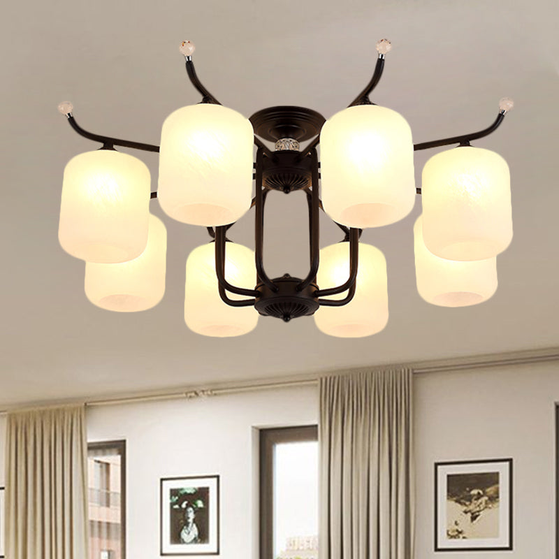 Cream Glass Cylindrical Shade Chandelier Retro Style 6/8 Heads Living Room Suspension Pendant Light in Black