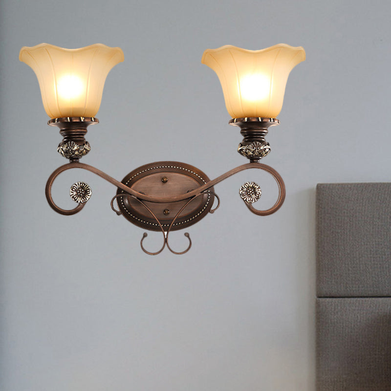 1/2-Head Wall Sconce Lighting with Floral Shade Crystal Traditional Corridor Wall Lamp in Coffee