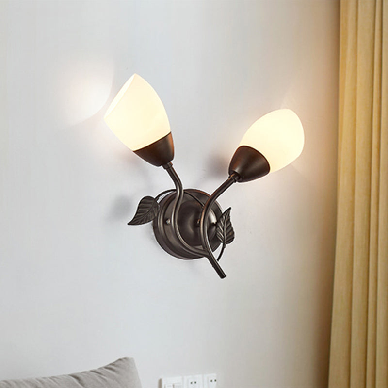 Flaring Shaped Bedside Sconce Light Fixture Vintage Faceted Glass 2-Bulb Black Wall Mount Light