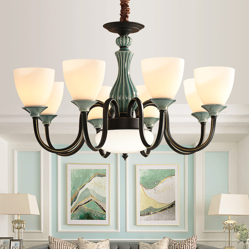Green-Black Flared Shade Ceiling Chandelier Vintage Style Opal Glass 6/8-Head Dining Room Suspension Lamp