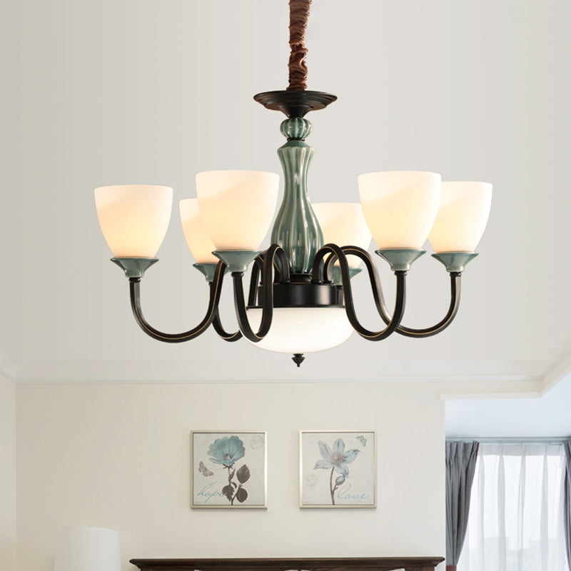 Green-Black Flared Shade Ceiling Chandelier Vintage Style Opal Glass 6/8-Head Dining Room Suspension Lamp
