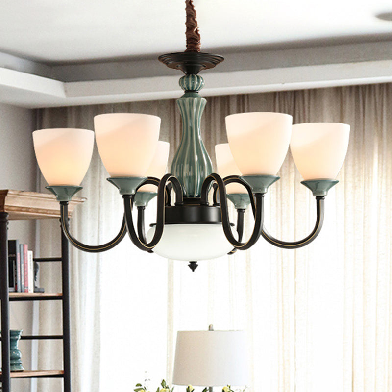 Green-Black Flared Shade Ceiling Chandelier Vintage Style Opal Glass 6/8-Head Dining Room Suspension Lamp