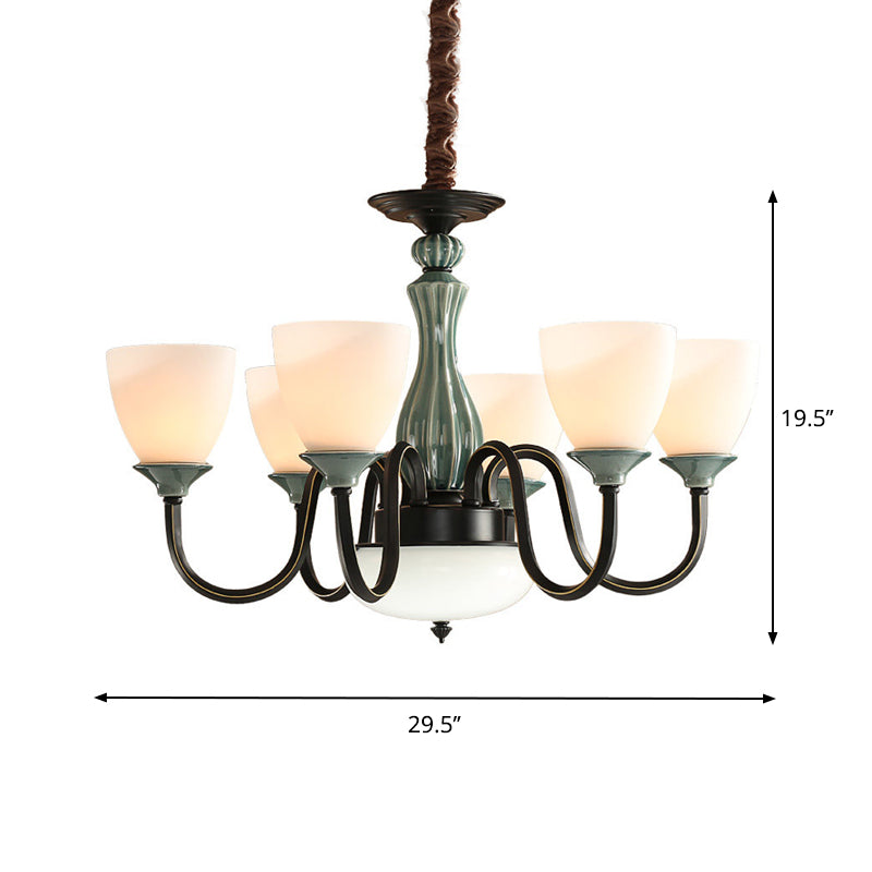 Green-Black Flared Shade Ceiling Chandelier Vintage Style Opal Glass 6/8-Head Dining Room Suspension Lamp
