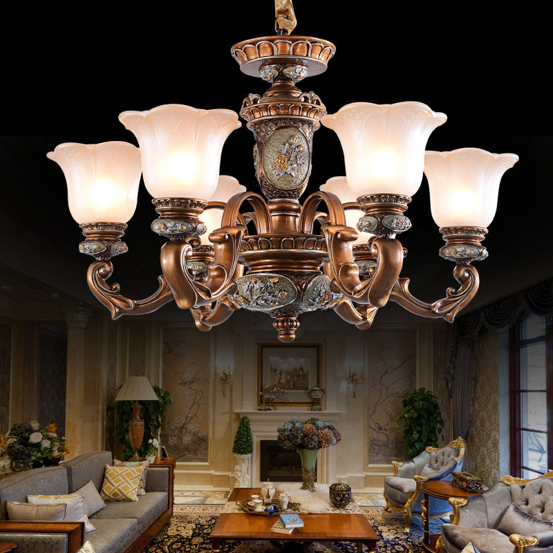 Cream Glass Brown Chandelier Lighting Fixture Floral Shade 6/8-Light Antiqued Suspension Pendant
