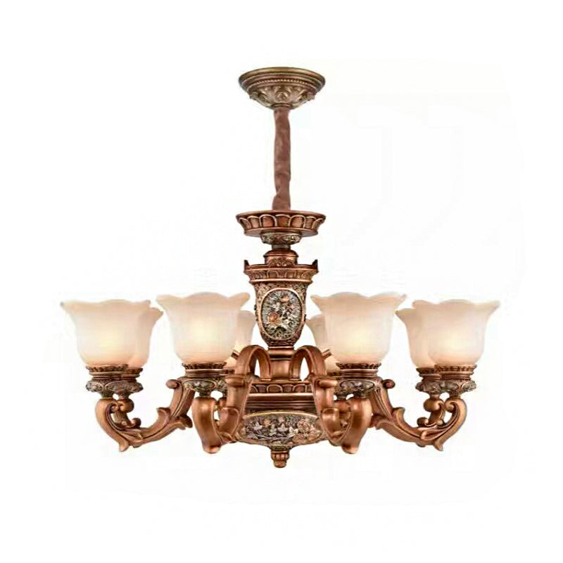 Cream Glass Brown Chandelier Lighting Fixture Floral Shade 6/8-Light Antiqued Suspension Pendant