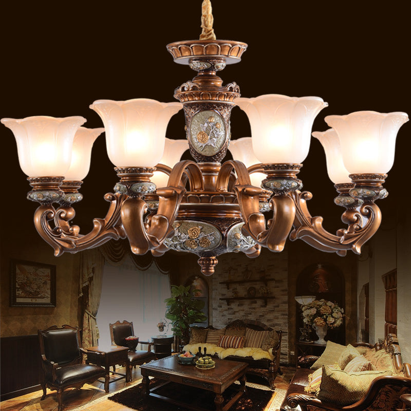 Cream Glass Brown Chandelier Lighting Fixture Floral Shade 6/8-Light Antiqued Suspension Pendant