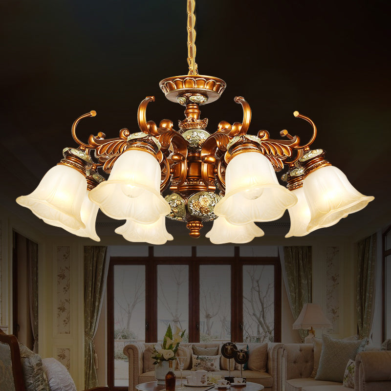 6/8 Bulbs Hanging Chandelier with Floral Shade Milky Glass Vintage Style Guest Room Ceiling Hang Fixture in Brown