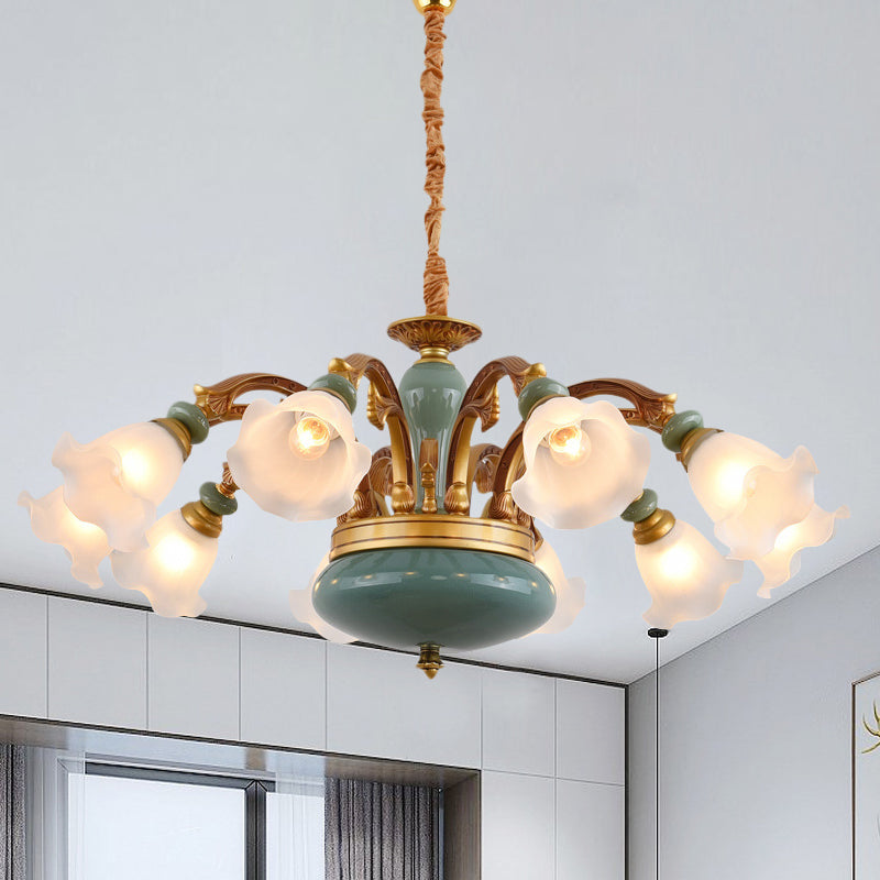 Gold 6/8/10-Bulb Ceiling Suspension Lamp Retro Style Cream Glass Blossom Shaped Chandelier Lighting