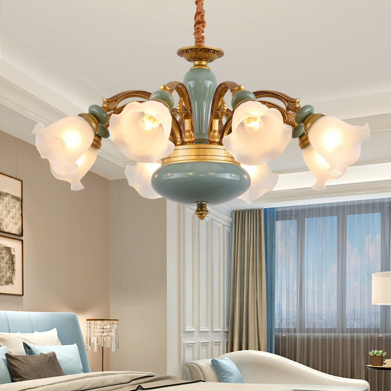 Gold 6/8/10-Bulb Ceiling Suspension Lamp Retro Style Cream Glass Blossom Shaped Chandelier Lighting