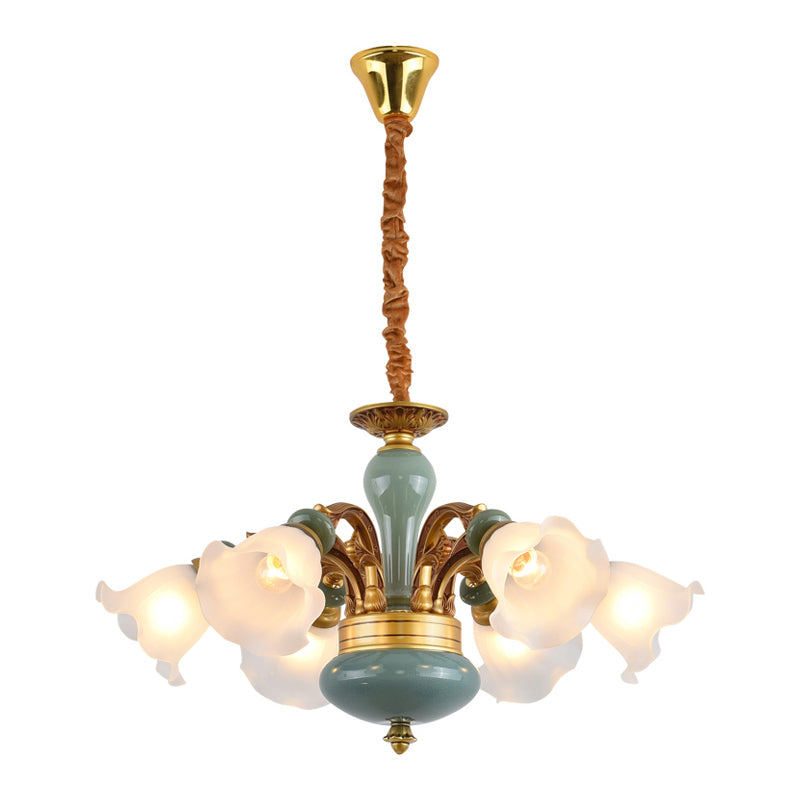 Gold 6/8/10-Bulb Ceiling Suspension Lamp Retro Style Cream Glass Blossom Shaped Chandelier Lighting