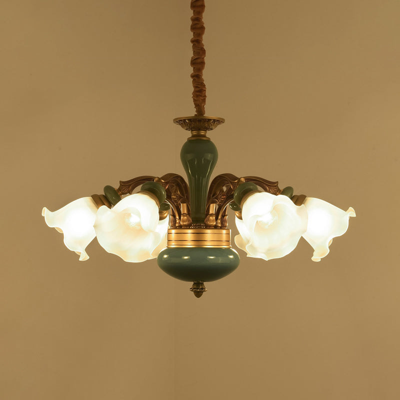 Gold 6/8/10-Bulb Ceiling Suspension Lamp Retro Style Cream Glass Blossom Shaped Chandelier Lighting