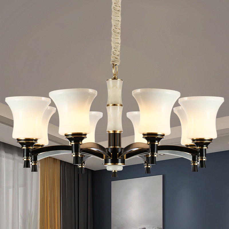 Schwarz ausgestellter Schattenhänge anhänger hunger leichter traditioneller Stil Frostiertes Glas 6/8-Kopf-Wohnzimmer Kronleuchter Licht